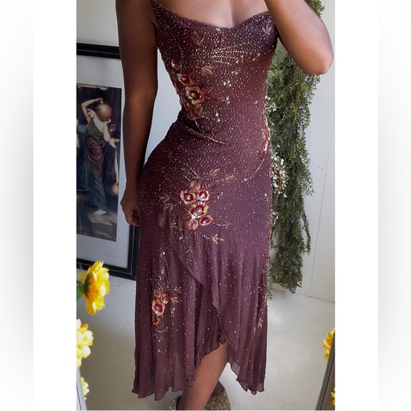 Vintage 90’s 100% Silk Dress Beaded Dress Backless Cowl Silk Slip Dress Floral - Picture 4 of 16